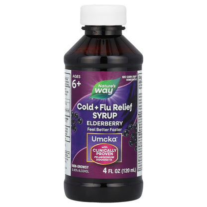 Nature's Way, Cold + Flu Relief Syrup, Elderberry, Umcka®, Ages 6+, Berry, 4 fl oz (120 ml)