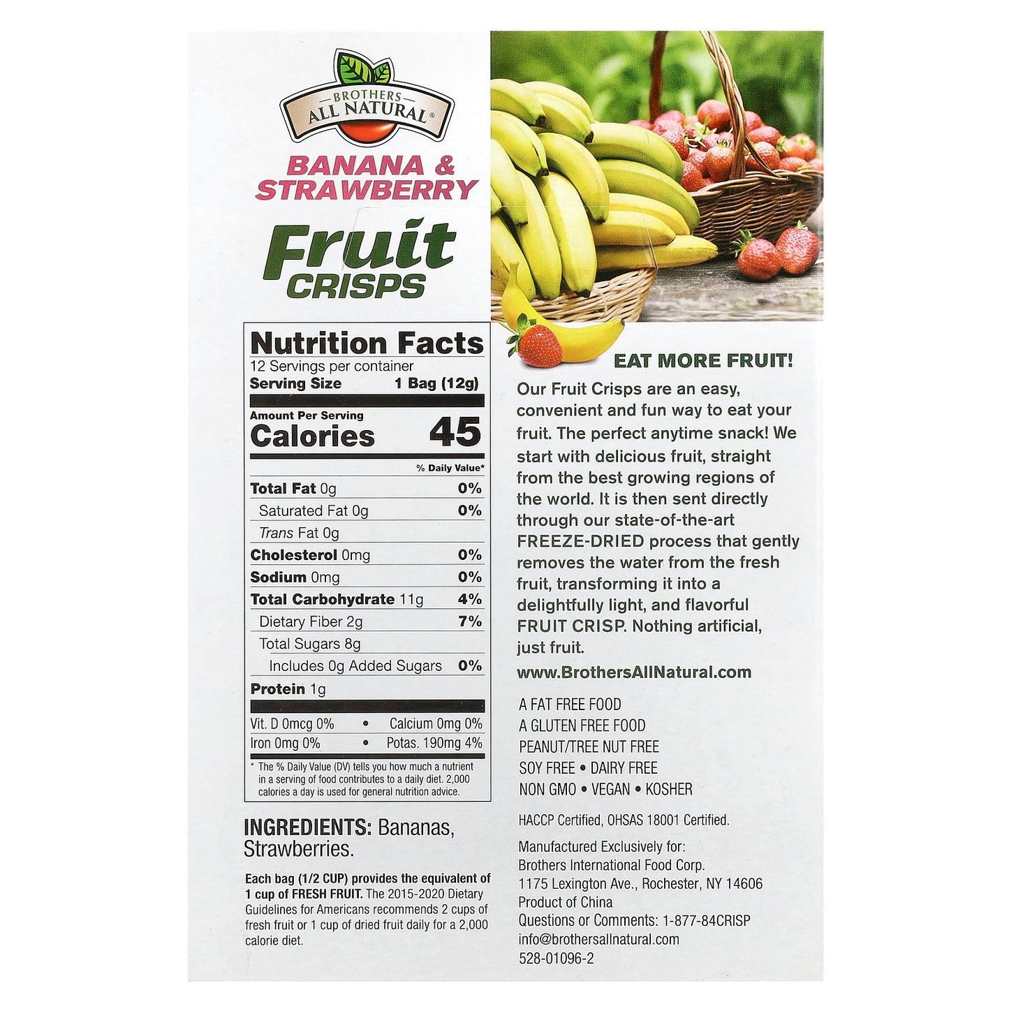 Brothers-All-Natural, Fruit Crisps, Banana & Strawberries, 12 Single-Serve Bags, 0.42 oz (12 g) Each