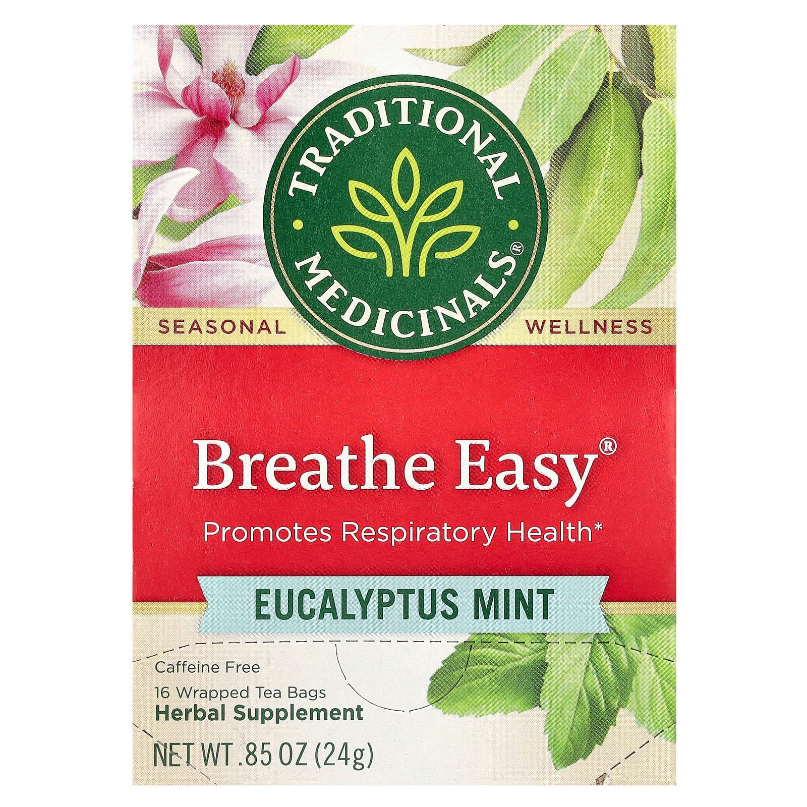 Traditional Medicinals, Breathe Easy®, Eucalyptus Mint, Caffeine Free, 16 Wrapped Tea Bags, 0.85 oz (24 g)