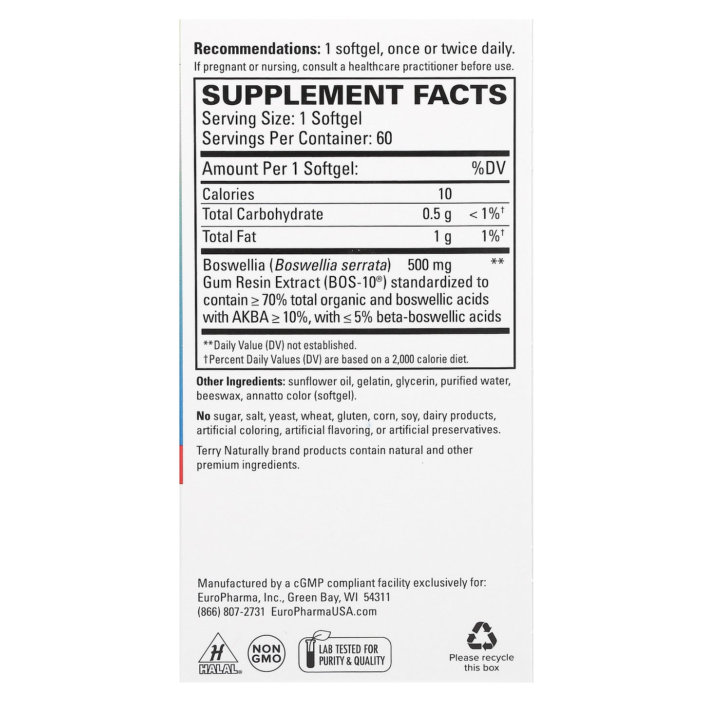 Terry Naturally, BosMed 500, Advanced Boswellia, 60 Softgels (500 mg per Softgel)