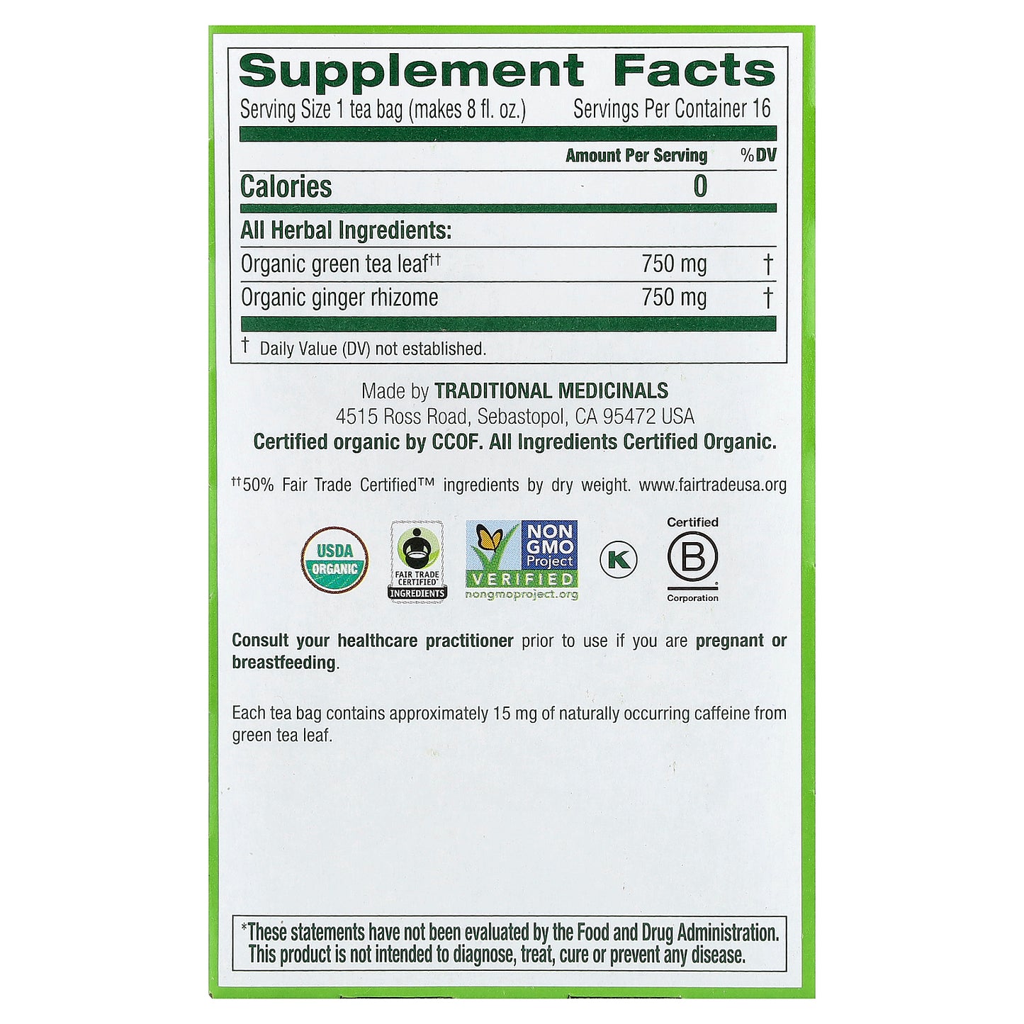 Traditional Medicinals, Organic Green Tea, Ginger, 16 Wrapped Tea Bags, 0.85 oz (24 g)