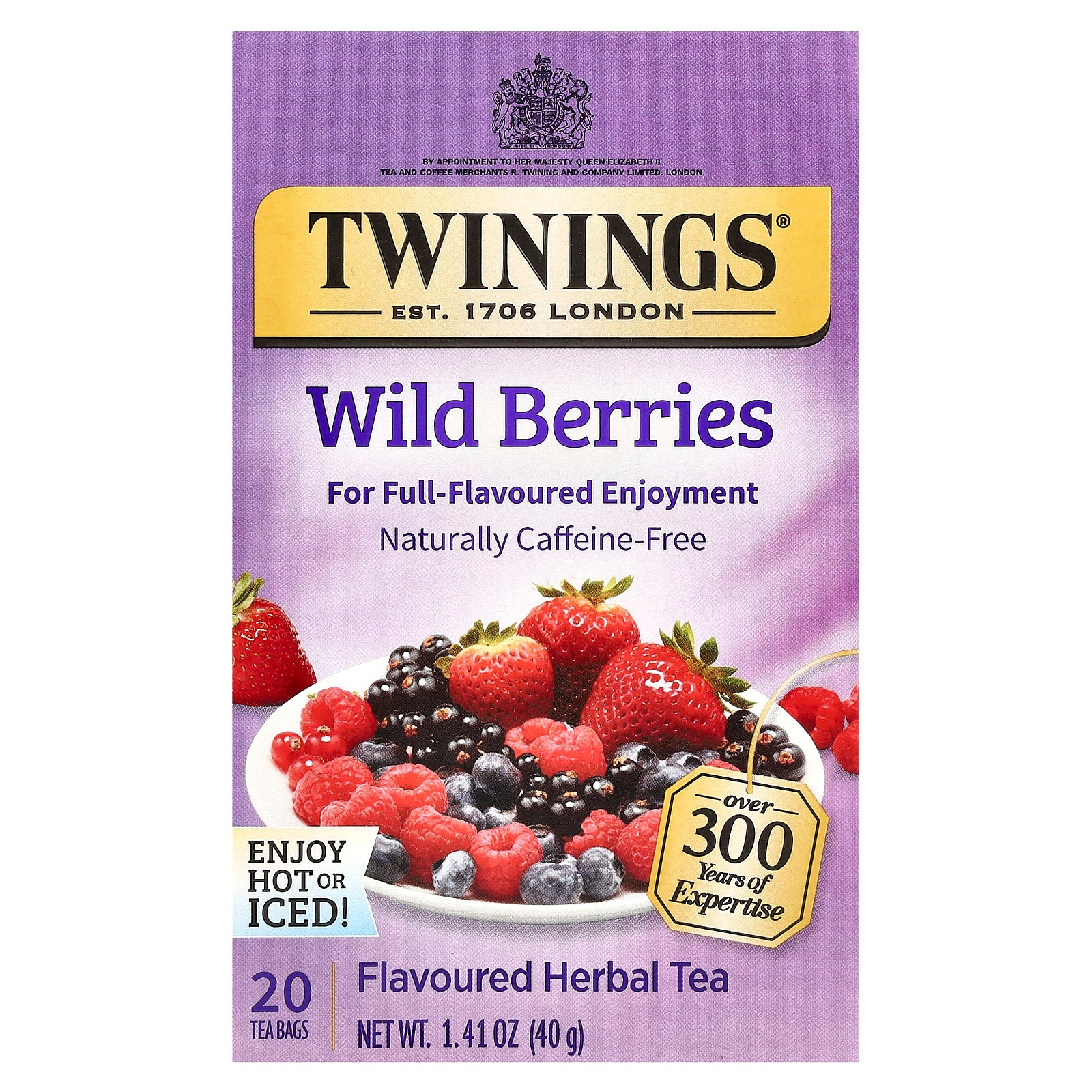 Twinings, Flavored Herbal Tea, Wild Berries, Caffeine Free, 20 Tea Bags, 1.41 oz (40 g)