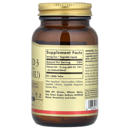 Solgar, Vitamin D3 (Cholecalciferol), 15 mcg (600 IU), 120 Vegetable Capsules