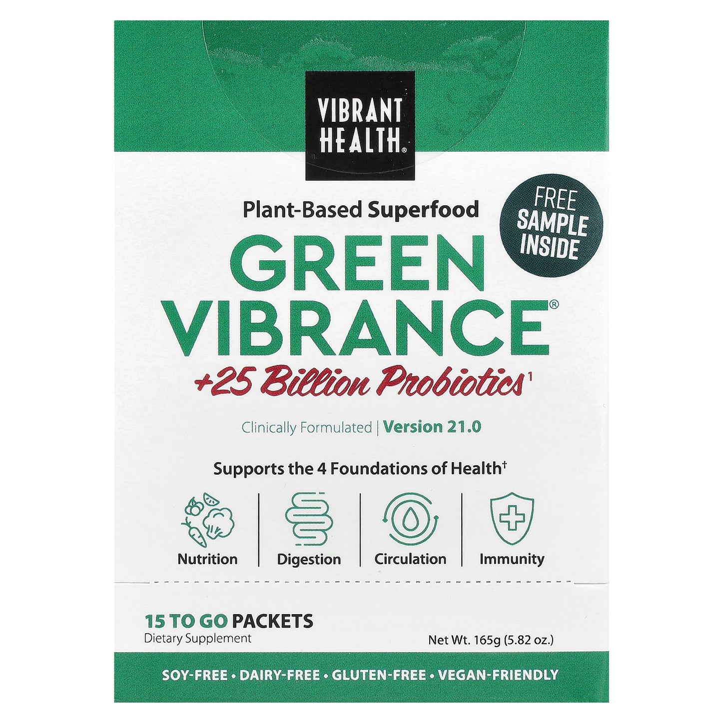 Vibrant Health, Green Vibrance® +25 Billion Probiotics, Version 21.0, 15 To Go Packets, 5.82 oz (165 g)
