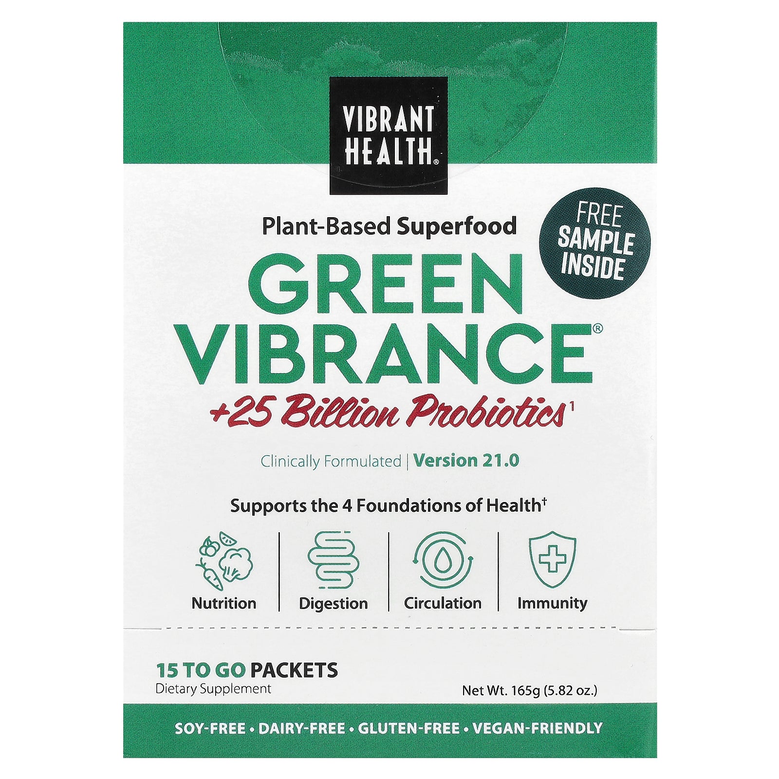 Vibrant Health, Green Vibrance® +25 Billion Probiotics, Version 21.0, 15 To Go Packets, 5.82 oz (165 g)