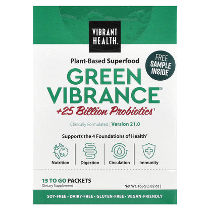 Vibrant Health, Green Vibrance® +25 Billion Probiotics, Version 21.0, 15 To Go Packets, 5.82 oz (165 g)