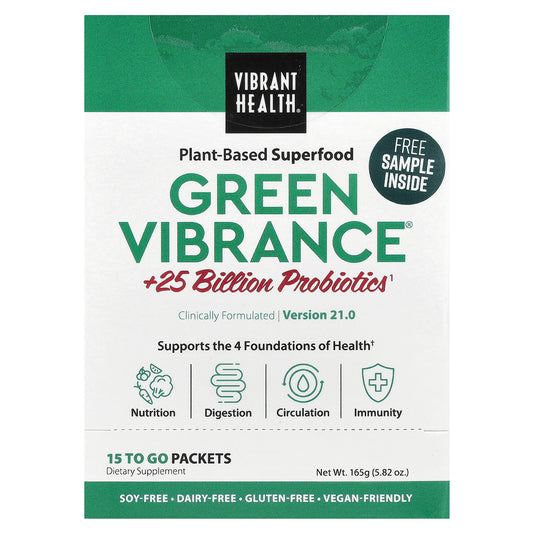 Vibrant Health, Green Vibrance® +25 Billion Probiotics, Version 21.0, 15 To Go Packets, 5.82 oz (165 g)