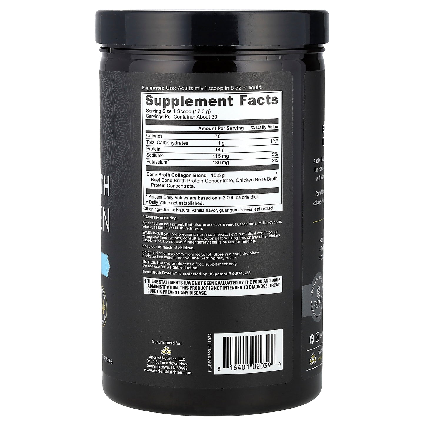 Ancient Nutrition, Bone Broth Collagen, Vanilla, 18.3 oz (519 g)