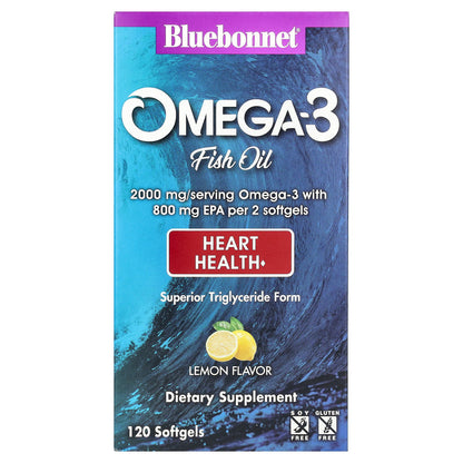 Bluebonnet Nutrition, Omega-3 Fish Oil, Heart Health, Lemon, 2,000 mg, 120 Softgels (1,000 mg per Softgel)