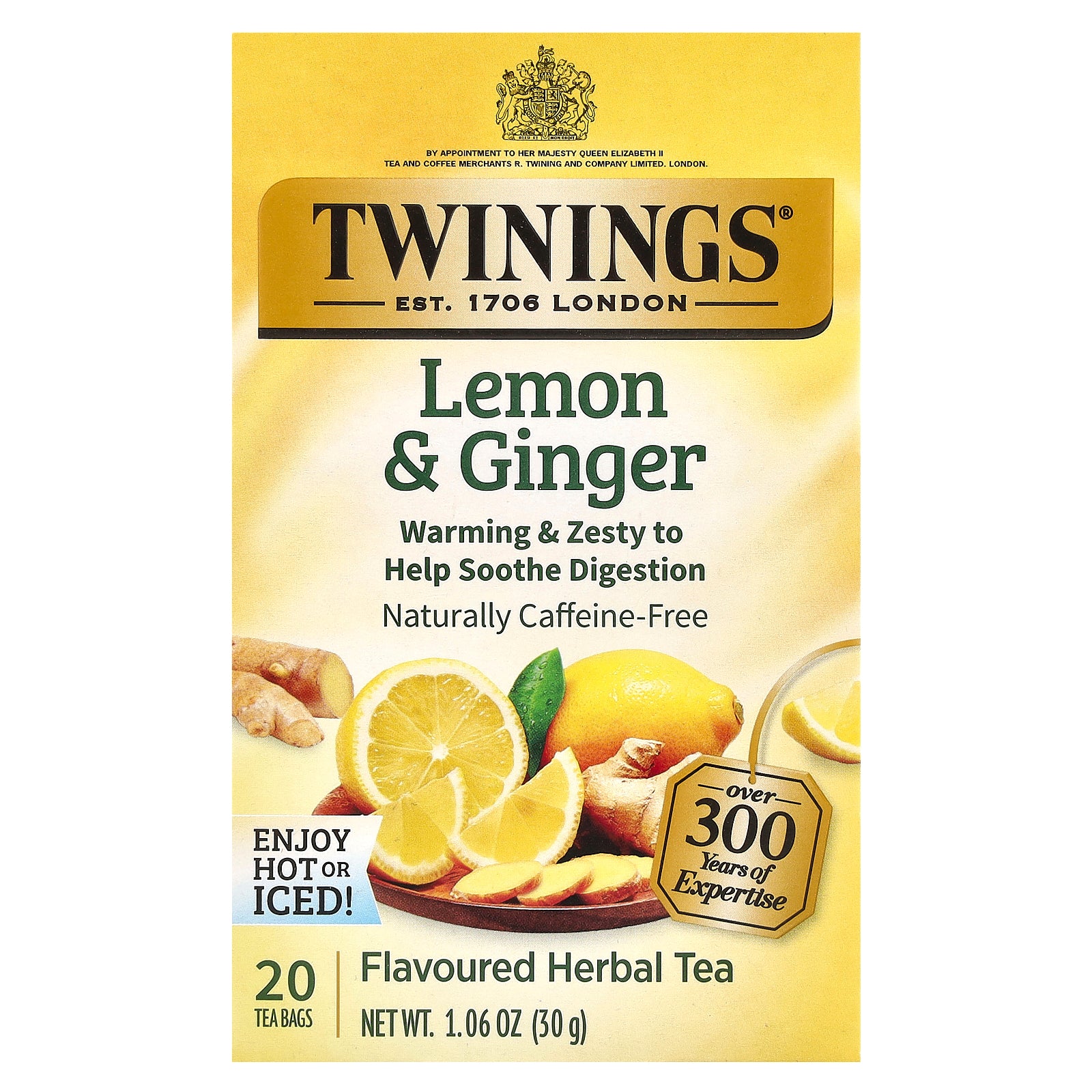 Twinings, Flavored Herbal Tea, Lemon & Ginger, Caffeine Free, 20 Tea Bags, 1.06 oz (30 g)