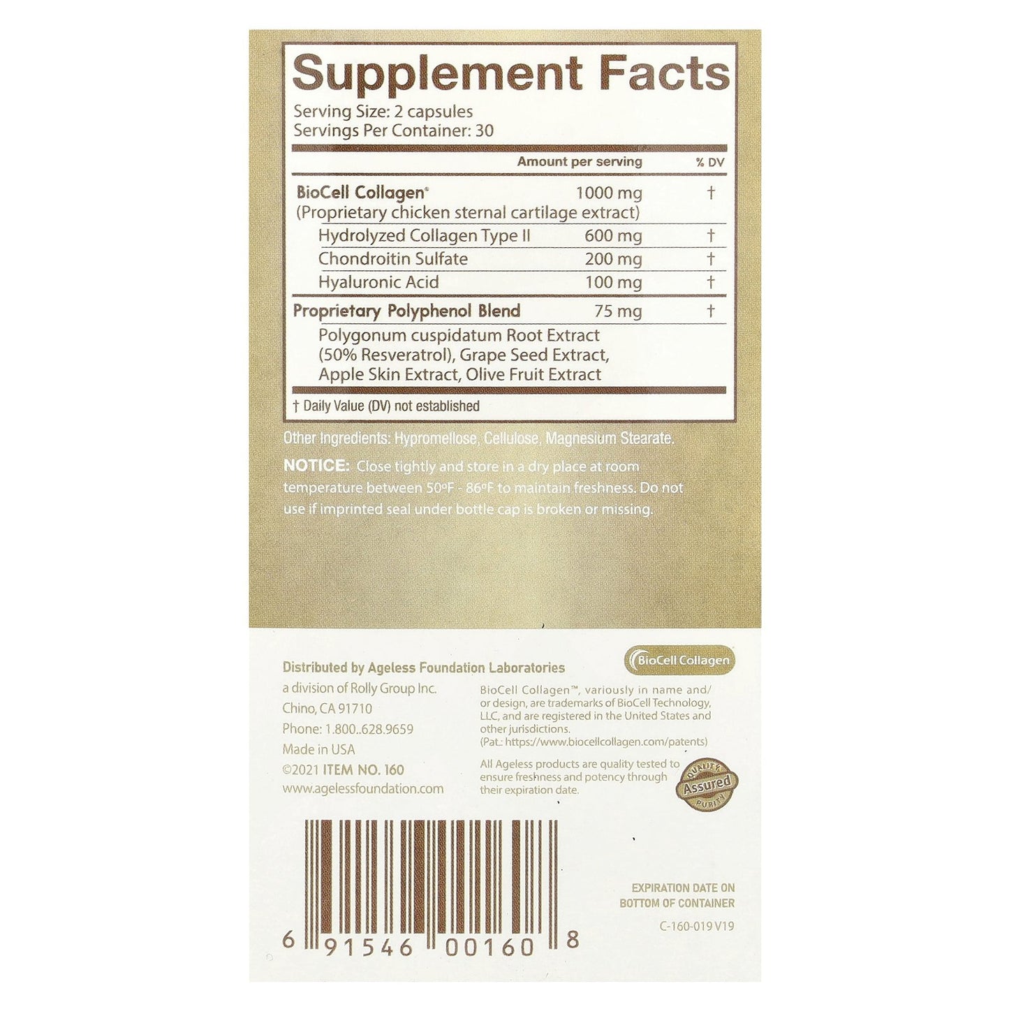 Ageless Foundation Laboratories, UltraDerm Gold™, Natural Collagen Booster with Patented BioCell Collagen, 60 Capsules