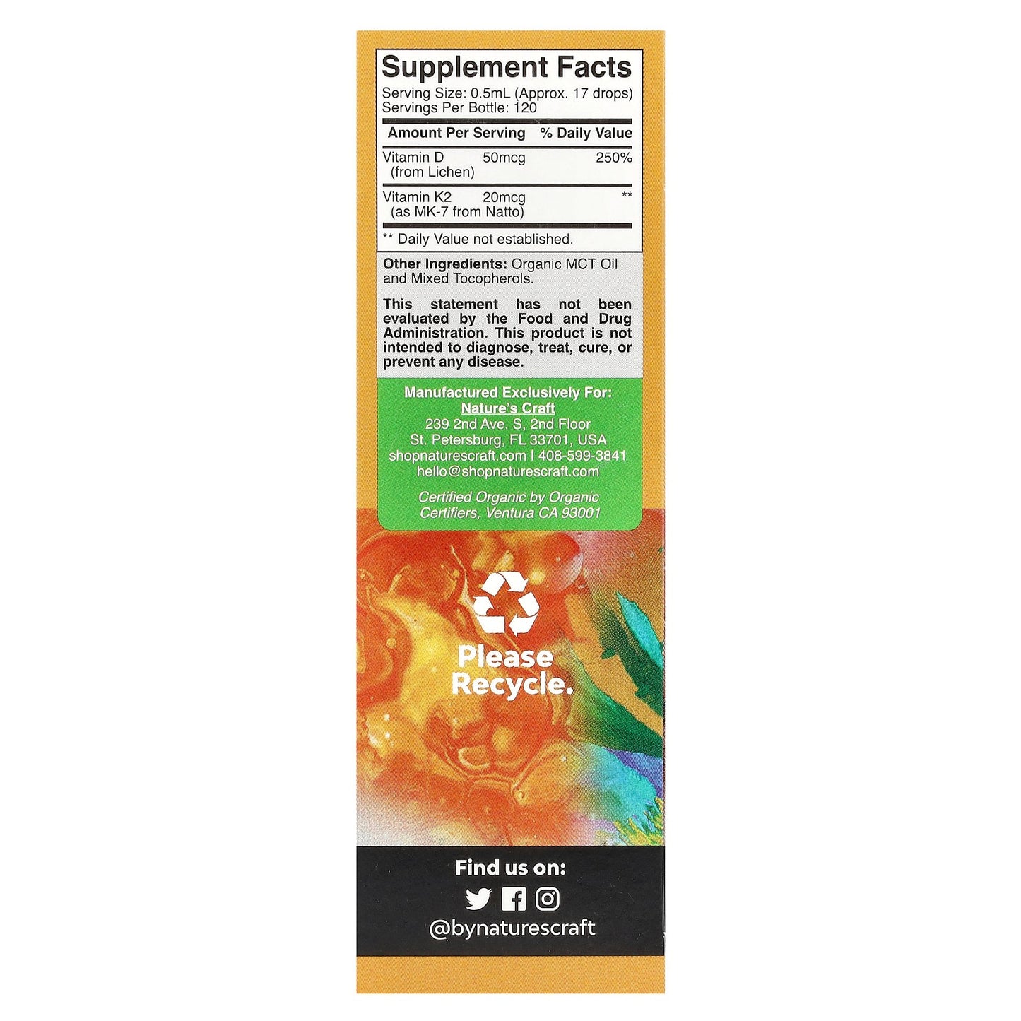 Nature's Craft, Organic Vitamin D3 + K2 Drops, Alcohol-Free, 60 ml