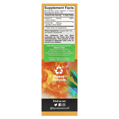 Nature's Craft, Organic Vitamin D3 + K2 Drops, Alcohol-Free, 60 ml