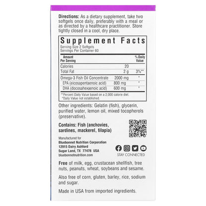 Bluebonnet Nutrition, Omega-3 Fish Oil, Heart Health, Lemon, 120 Softgels (1,000 mg per Softgel)