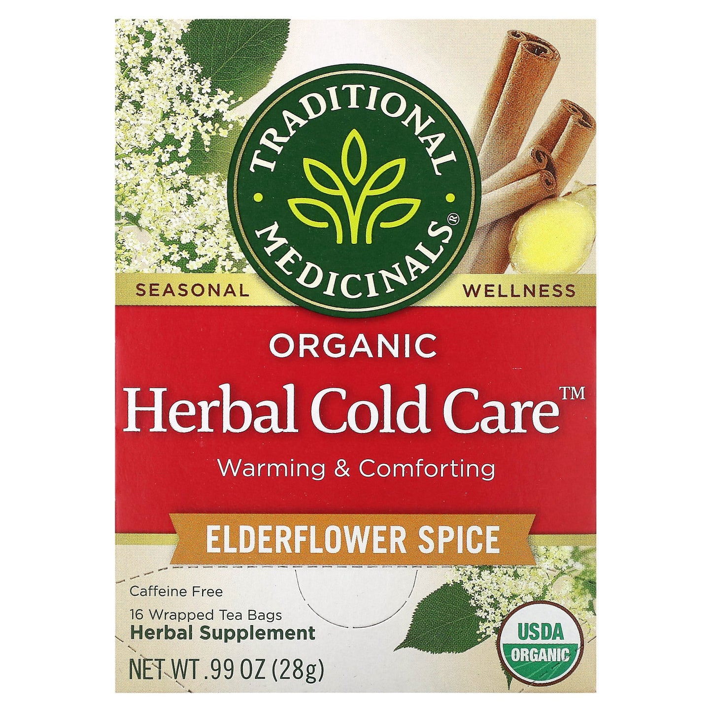 Traditional Medicinals, Organic Herbal Cold Care™, Elderflower Spice, Caffeine Free, 16 Wrapped Tea Bags, 0.99 oz (28 g)