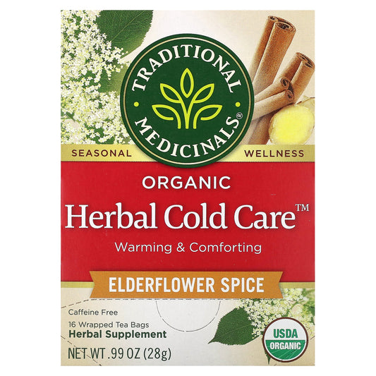 Traditional Medicinals, Organic Herbal Cold Care™, Elderflower Spice, Caffeine Free, 16 Wrapped Tea Bags, 0.99 oz (28 g)