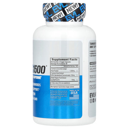 EVLution Nutrition, Turmeric 1500®, Turmeric Curcumin with BioPerine®, 90 Veggie Capsules