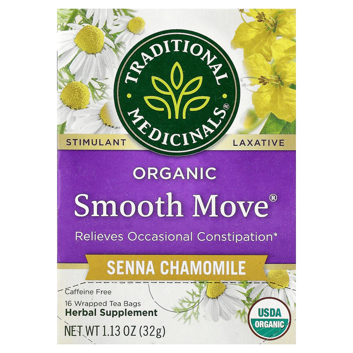 Traditional Medicinals, Organic Smooth Move®, Senna Chamomile, Caffeine Free, 16 Wrapped Tea Bags, 1.13 oz (32 g)