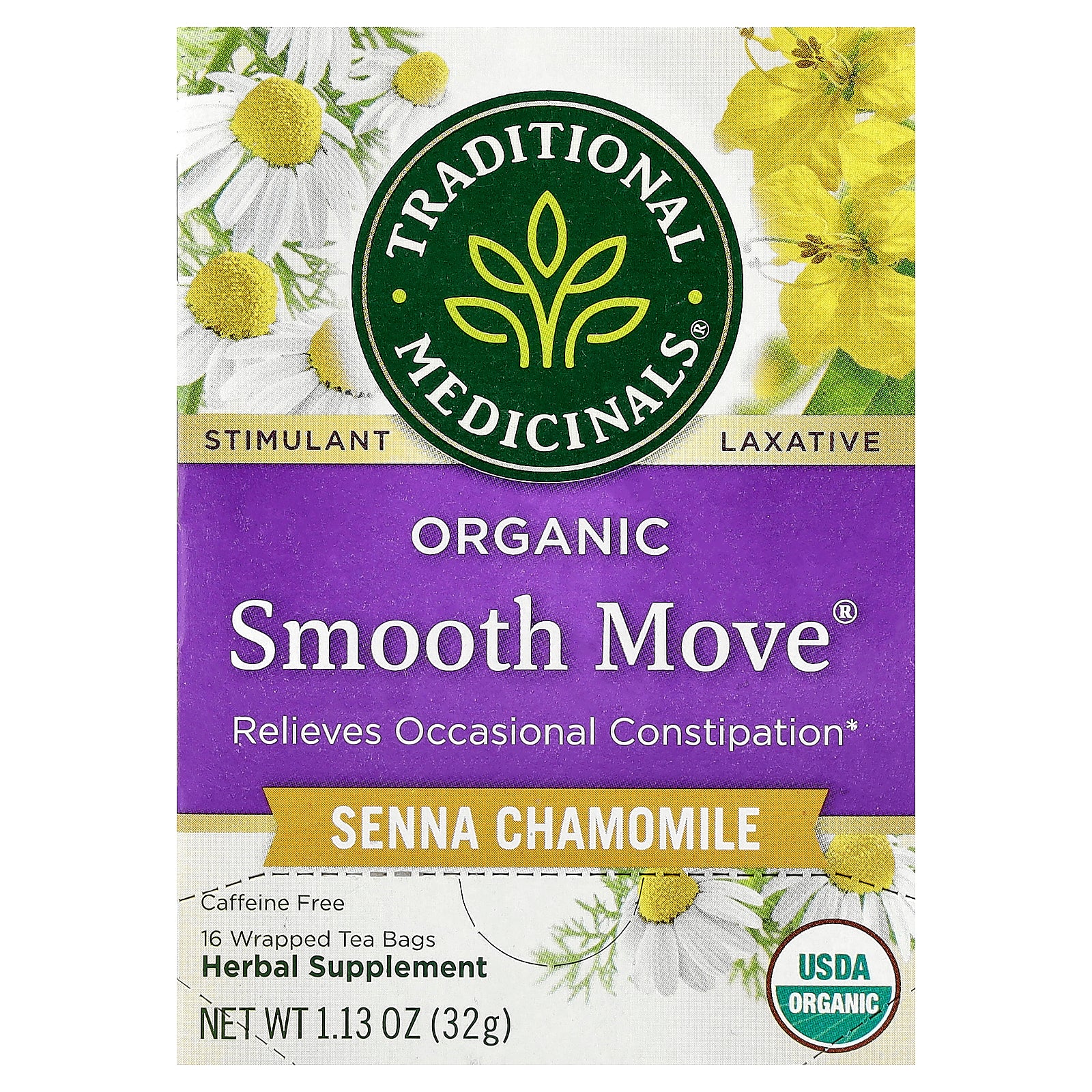Traditional Medicinals, Organic Smooth Move®, Senna Chamomile, Caffeine Free, 16 Wrapped Tea Bags, 1.13 oz (32 g)