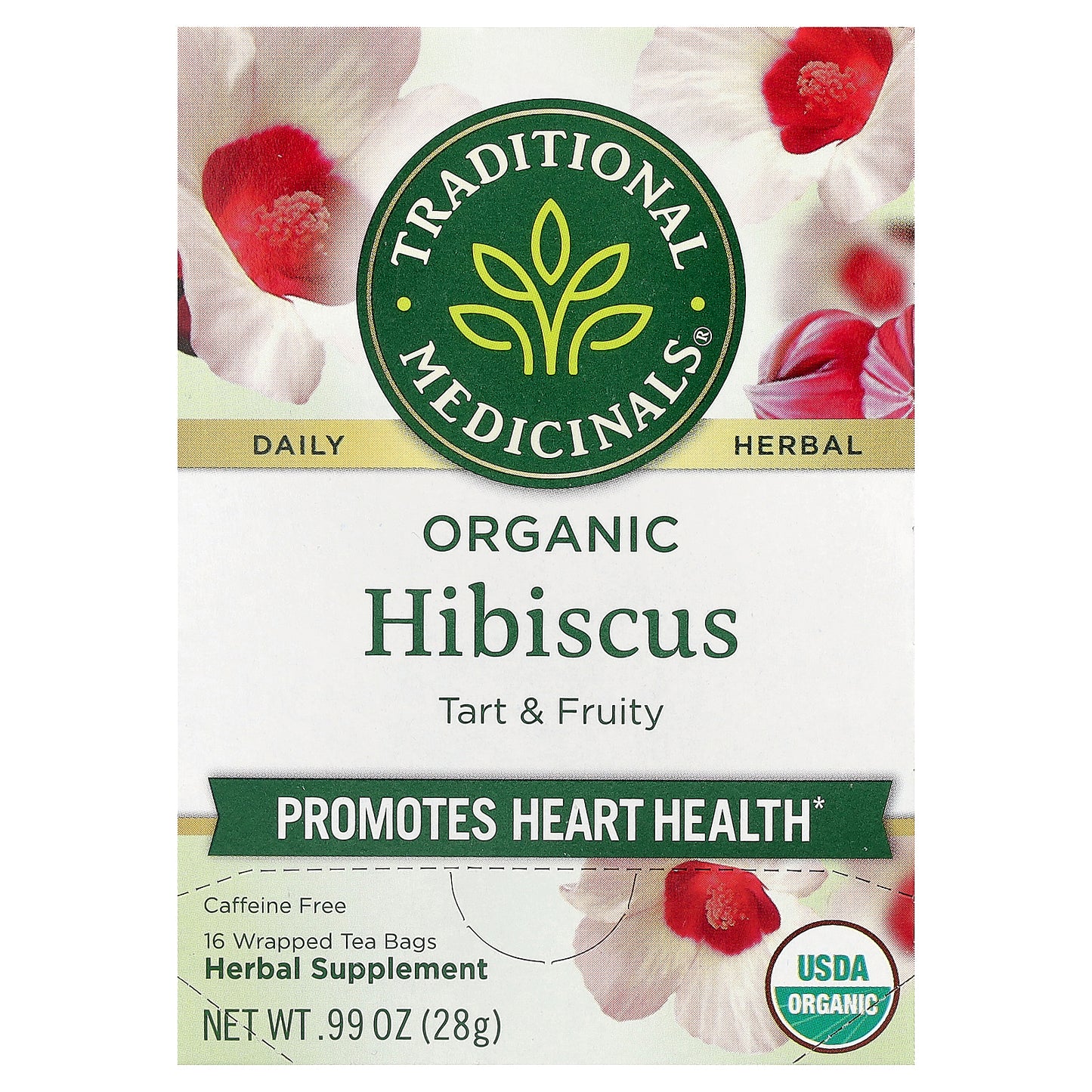 Traditional Medicinals, Organic Hibiscus, Caffeine Free, 16 Wrapped Tea Bags, 0.99 oz (28 g)