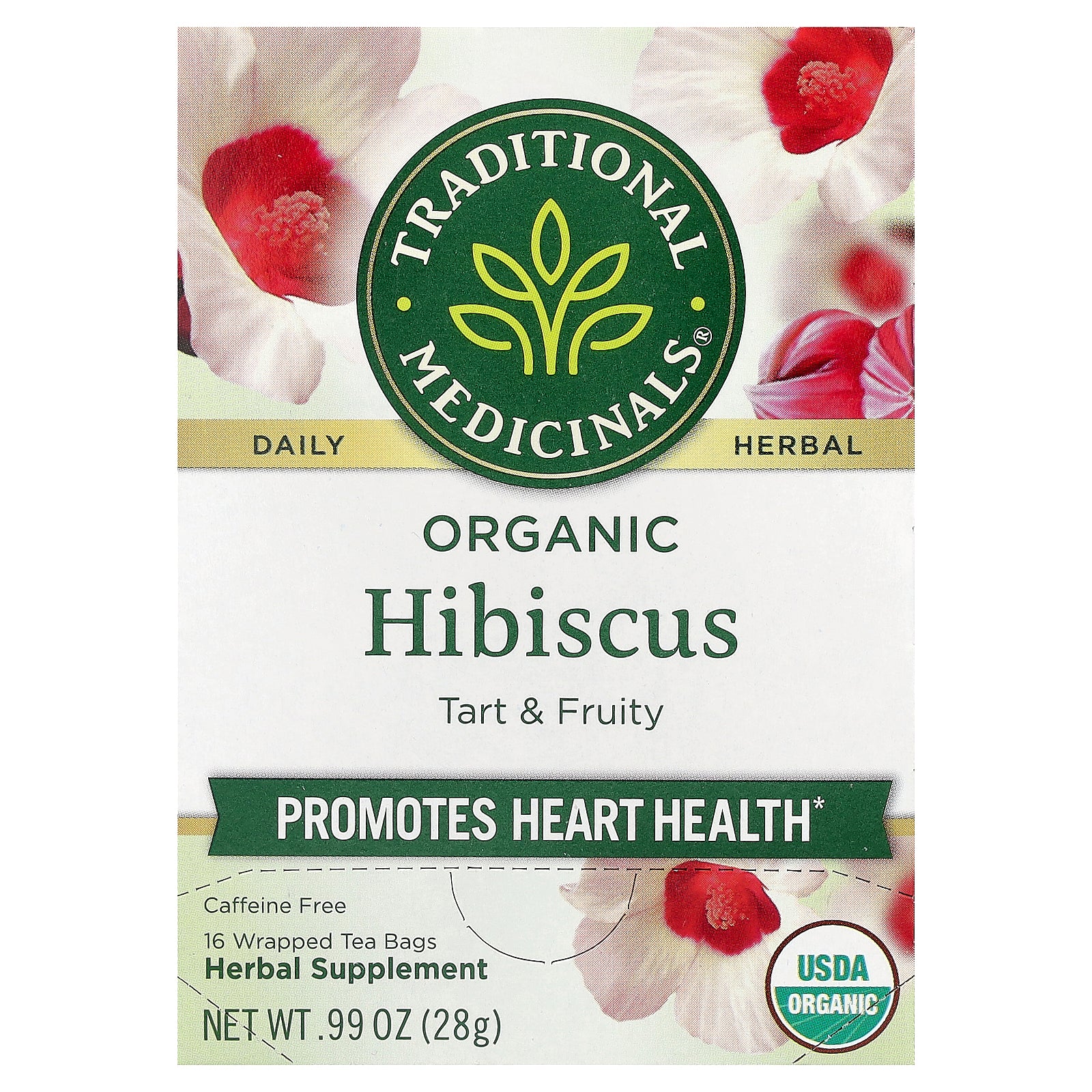 Traditional Medicinals, Organic Hibiscus, Caffeine Free, 16 Wrapped Tea Bags, 0.99 oz (28 g)