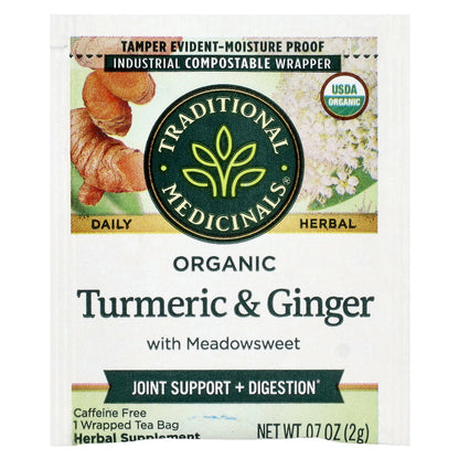 Traditional Medicinals, Organic Turmeric & Ginger with Meadowsweet, Caffeine Free, 16 Wrapped Tea Bags, 1.13 oz (32 g)