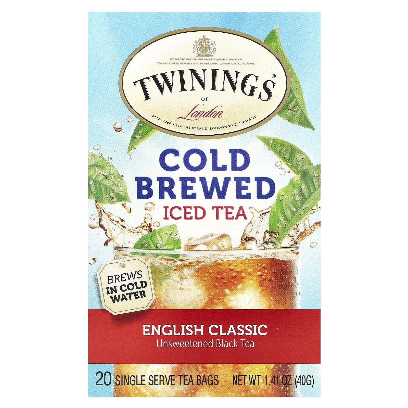 Twinings, Cold Brewed Iced Tea, Unsweetened Black Tea, English Classic, 20 Single Serve Tea Bags, 1.41 oz (40 g)