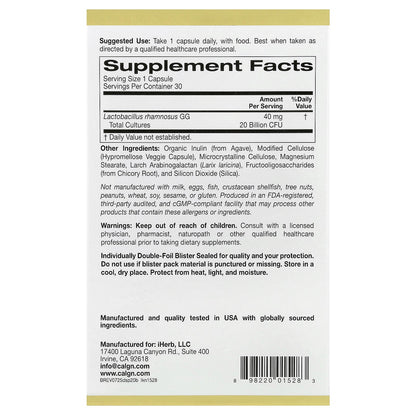 California Gold Nutrition, Digestive Support Probiotic, Probiotic & Prebiotic Blend with Lactobacillus rhamnosus GG, 20 Billion CFUs, 30 Veggie Capsules