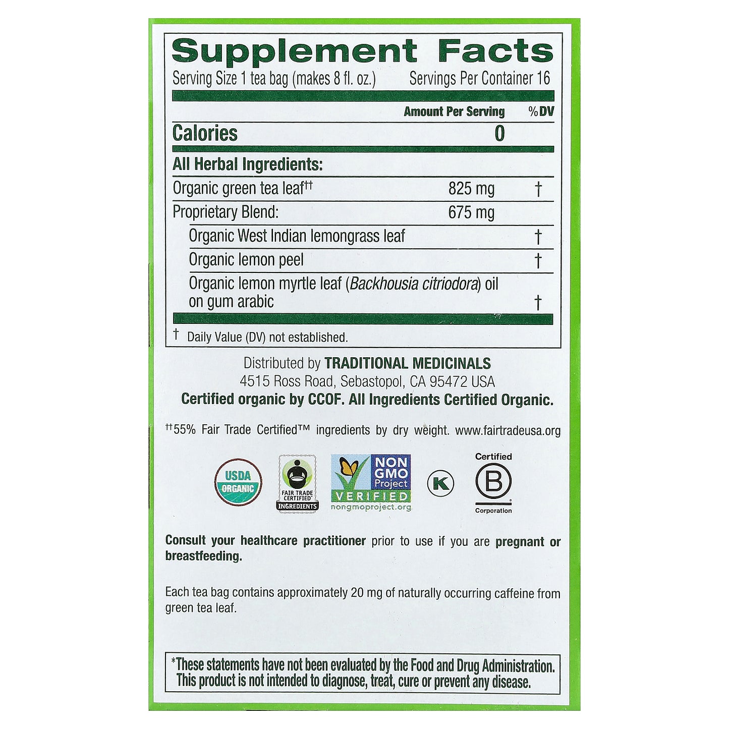 Traditional Medicinals, Organic Green Tea, Lemongrass, 16 Wrapped Tea Bags, 0.85 oz (24 g)