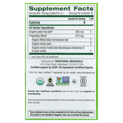 Traditional Medicinals, Organic Green Tea, Lemongrass, 16 Wrapped Tea Bags, 0.85 oz (24 g)