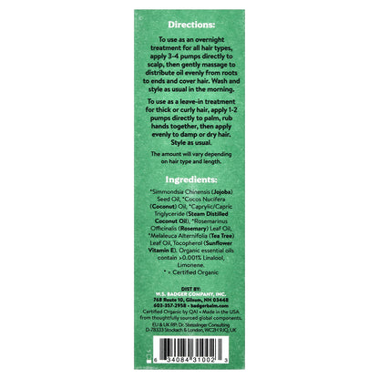 Badger, Jojoba Hair Oil, Rosemary & Tea Tree , 2 fl oz (59.1 ml)