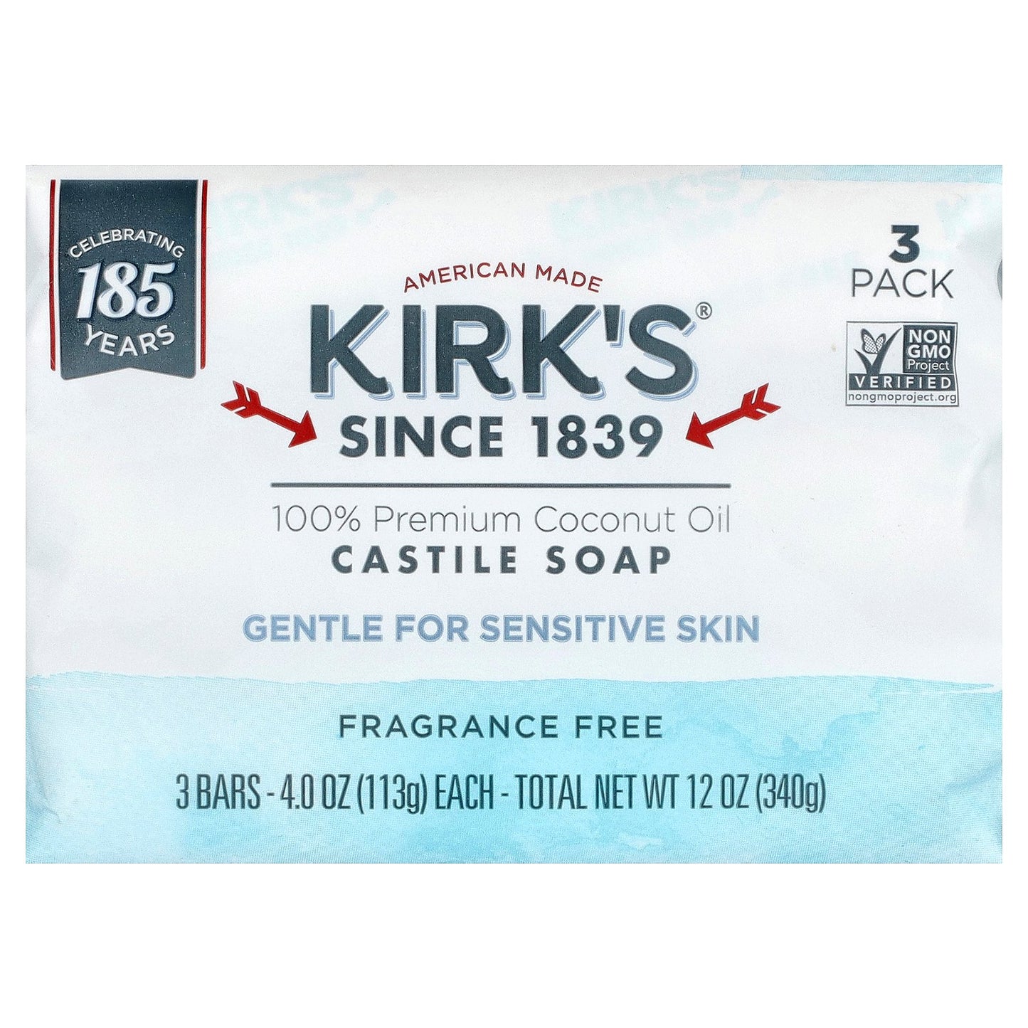 Kirk's, 100% Premium Coconut Oil Castile Bar Soap, Fragrance Free, 3 Bars, 4 oz (113 g) Each