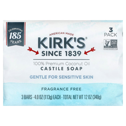 Kirk's, 100% Premium Coconut Oil Castile Bar Soap, Fragrance Free, 3 Bars, 4 oz (113 g) Each
