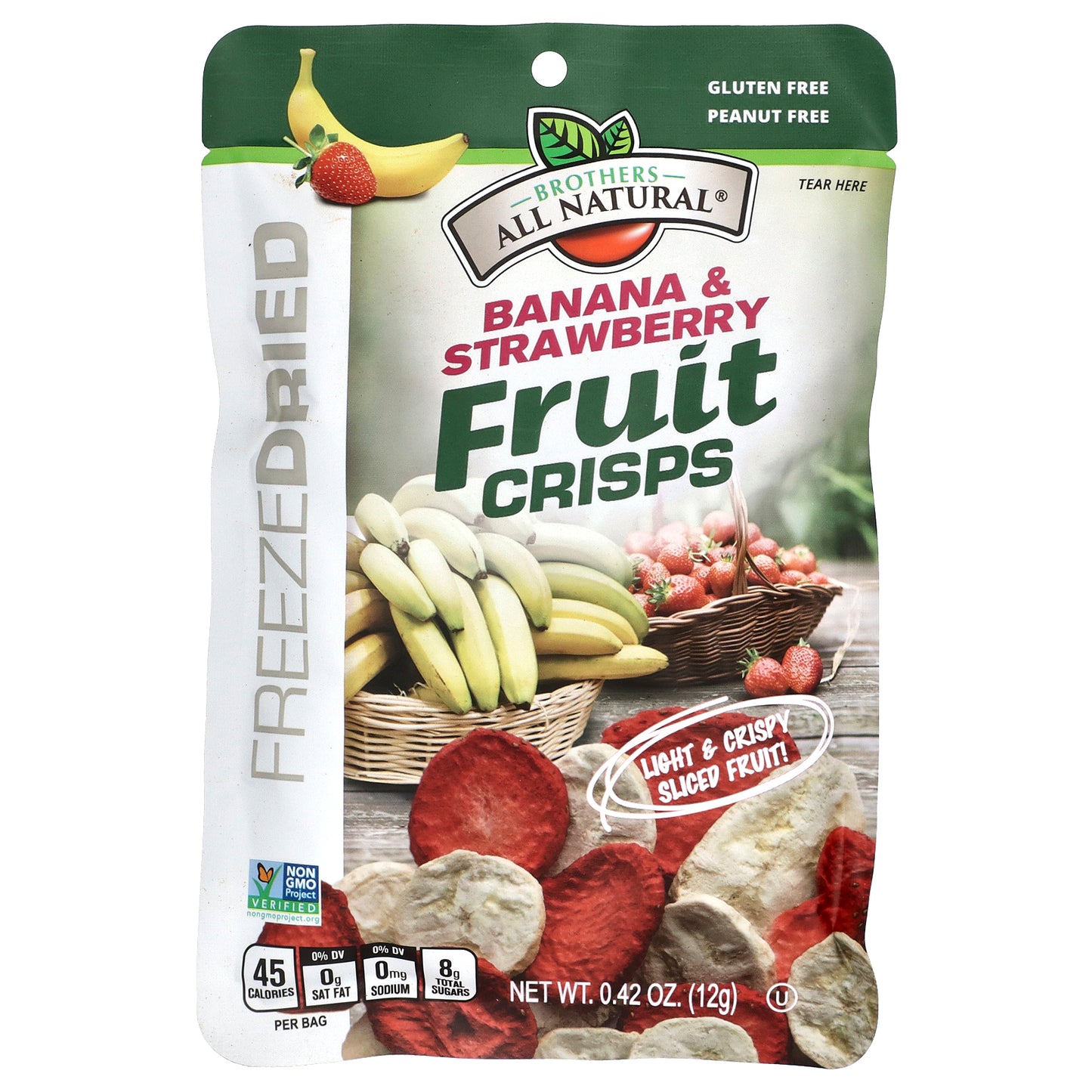Brothers-All-Natural, Fruit Crisps, Banana & Strawberries, 12 Single-Serve Bags, 0.42 oz (12 g) Each