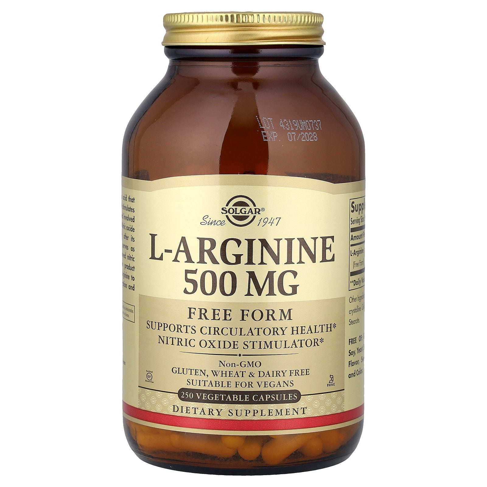 Solgar, L-Arginine, Free Form, 500 mg, 250 Vegetable Capsules