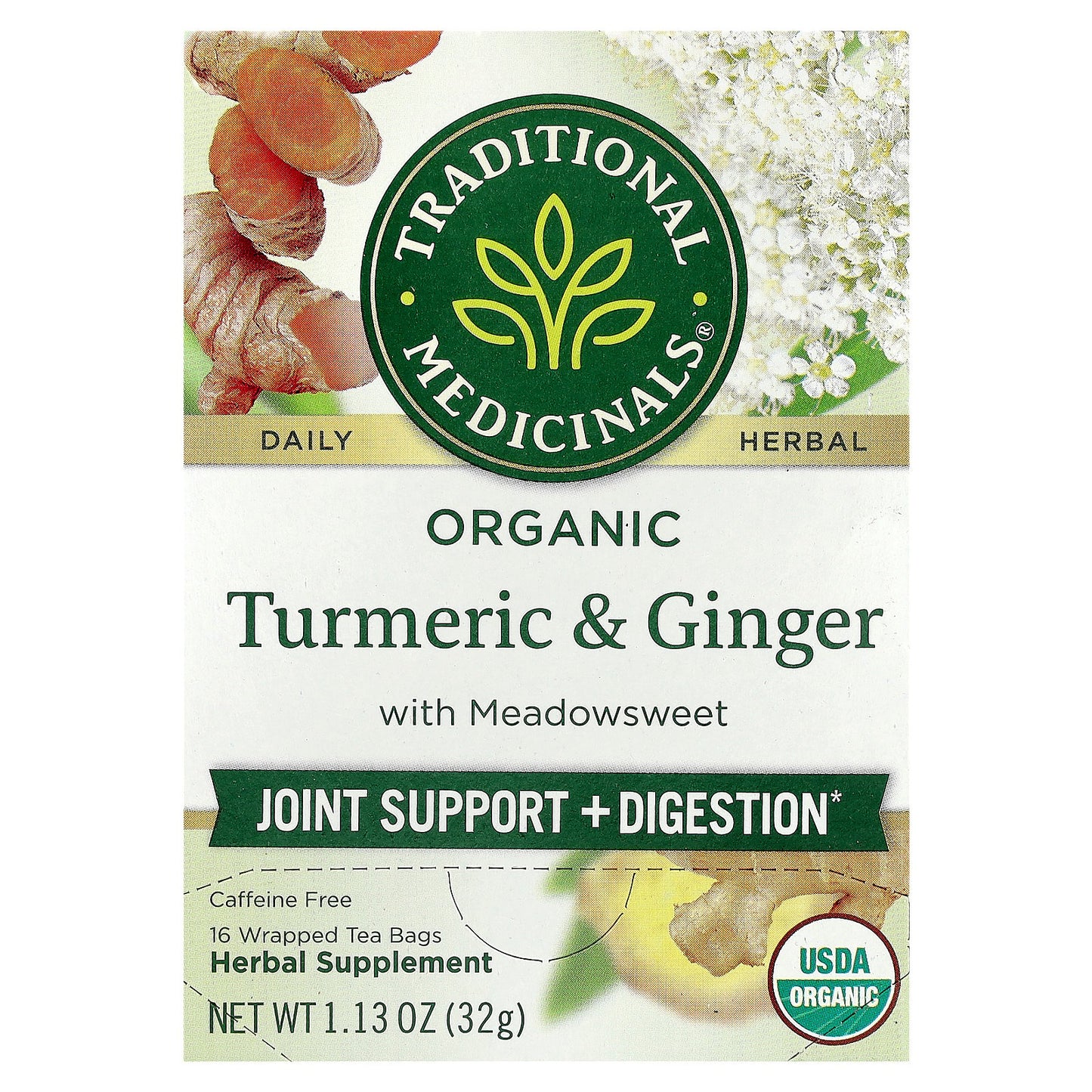 Traditional Medicinals, Organic Turmeric & Ginger with Meadowsweet, Caffeine Free, 16 Wrapped Tea Bags, 1.13 oz (32 g)
