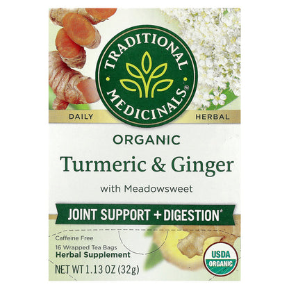 Traditional Medicinals, Organic Turmeric & Ginger with Meadowsweet, Caffeine Free, 16 Wrapped Tea Bags, 1.13 oz (32 g)