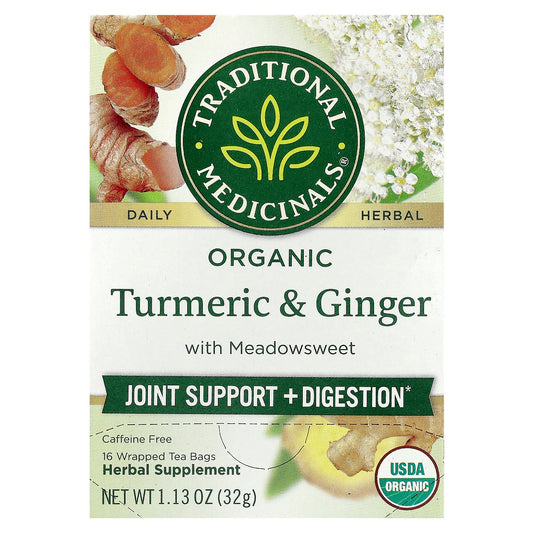 Traditional Medicinals, Organic Turmeric & Ginger with Meadowsweet, Caffeine Free, 16 Wrapped Tea Bags, 1.13 oz (32 g)