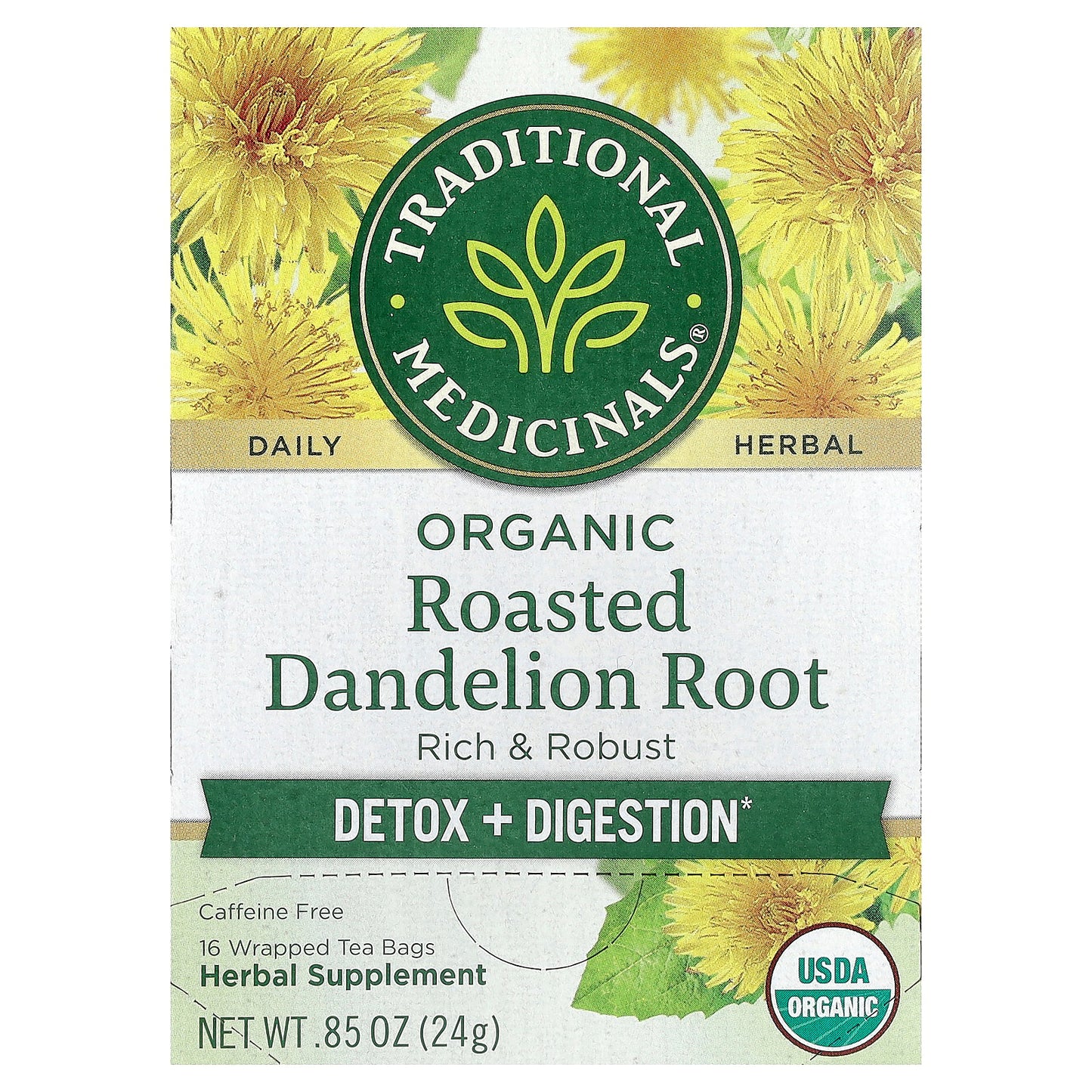 Traditional Medicinals, Organic Roasted Dandelion Root, Caffeine Free, 16 Wrapped Tea Bags, 0.85 oz (24 g)