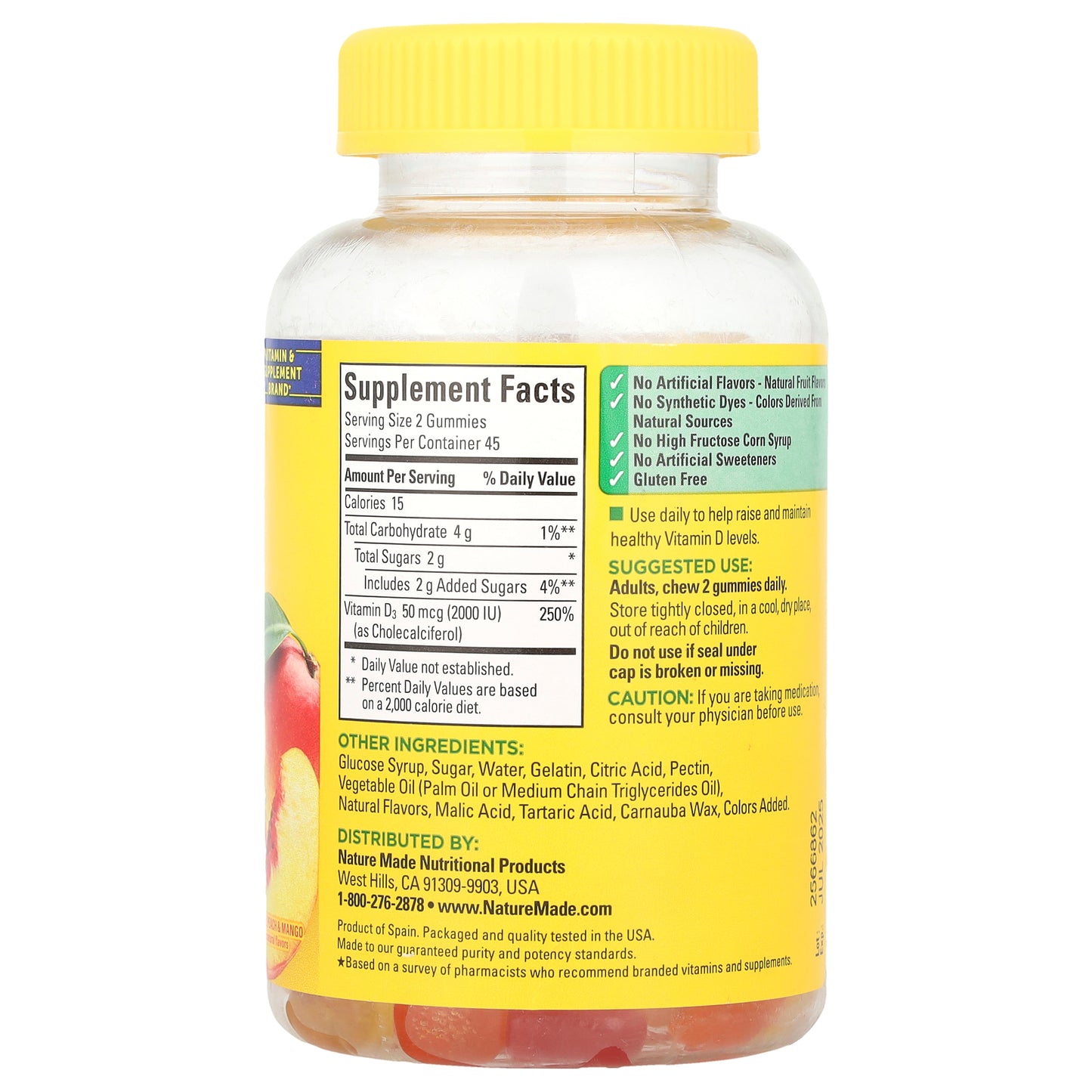 Nature Made, Vitamin D3 Gummies, Strawberry, Peach & Mango, 90 Gummies, (25 mcg (1,000 IU) per Gummy)