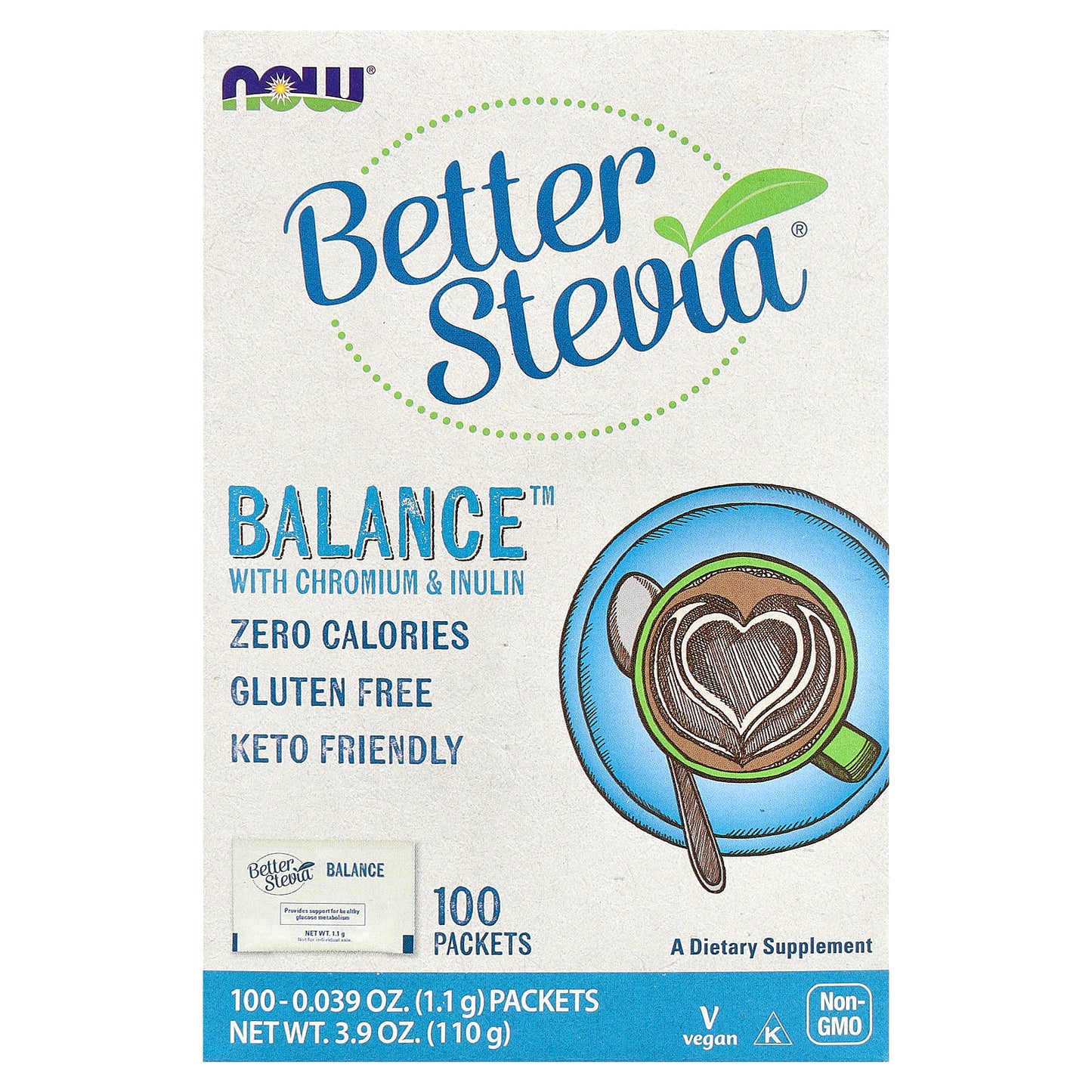 NOW Foods, Better Stevia®, Balance™ with Chromium & Inulin, 100 Packets, 0.039 oz (1.1 g) Each