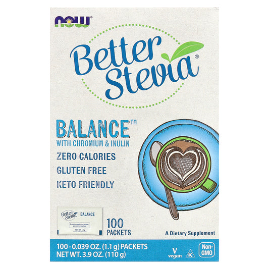 NOW Foods, Better Stevia®, Balance™ with Chromium & Inulin, 100 Packets, 0.039 oz (1.1 g) Each