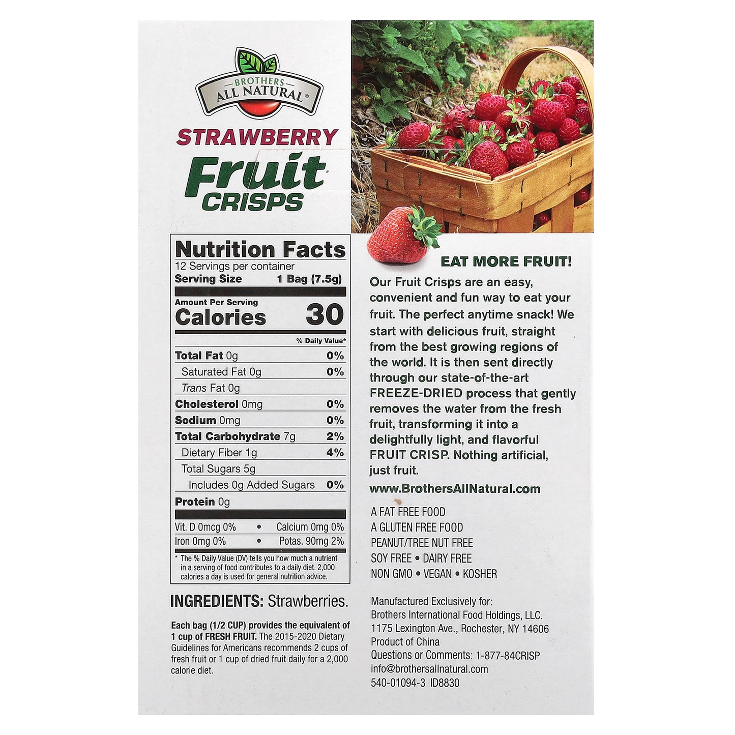 Brothers-All-Natural, Fruit Crisps, Strawberry, 12 Single-Serve Bags, 0.26 oz (7.5 g) Each