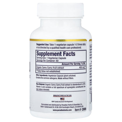 Paradise Herbs, Camu Camu Extract, 400 mg, 60 Vegetarian Capsules