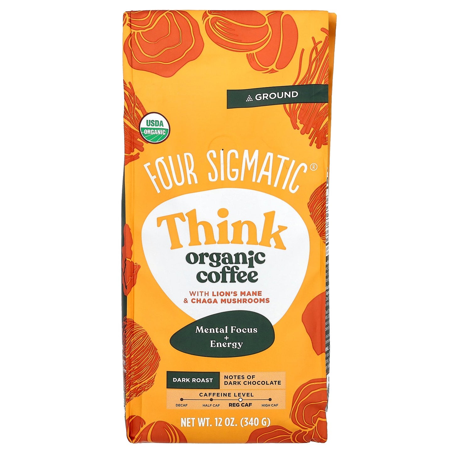 Four Sigmatic, Think, Organic Coffee with Lion's Mane & Chaga Mushrooms, Ground, Dark Roast, 12 oz (340 g)