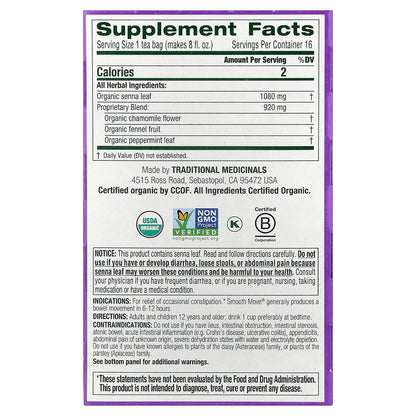 Traditional Medicinals, Organic Smooth Move®, Senna Chamomile, Caffeine Free, 16 Wrapped Tea Bags, 1.13 oz (32 g)