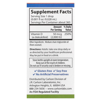 Carlson, Super Daily® D3, 50 mcg (2,000 IU), 0.35 fl oz (10.3 ml)