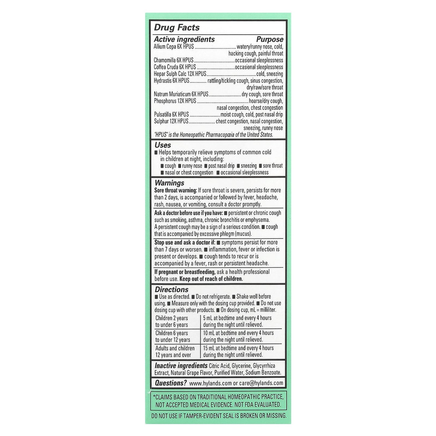 Hyland's Naturals, Kids, Cold & Cough Nighttime, 2-12 Years, Natural Grape, 4 fl oz (118 ml)