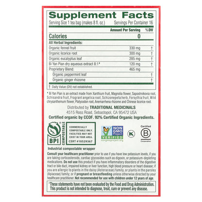 Traditional Medicinals, Breathe Easy®, Eucalyptus Mint, Caffeine Free, 16 Wrapped Tea Bags, 0.85 oz (24 g)