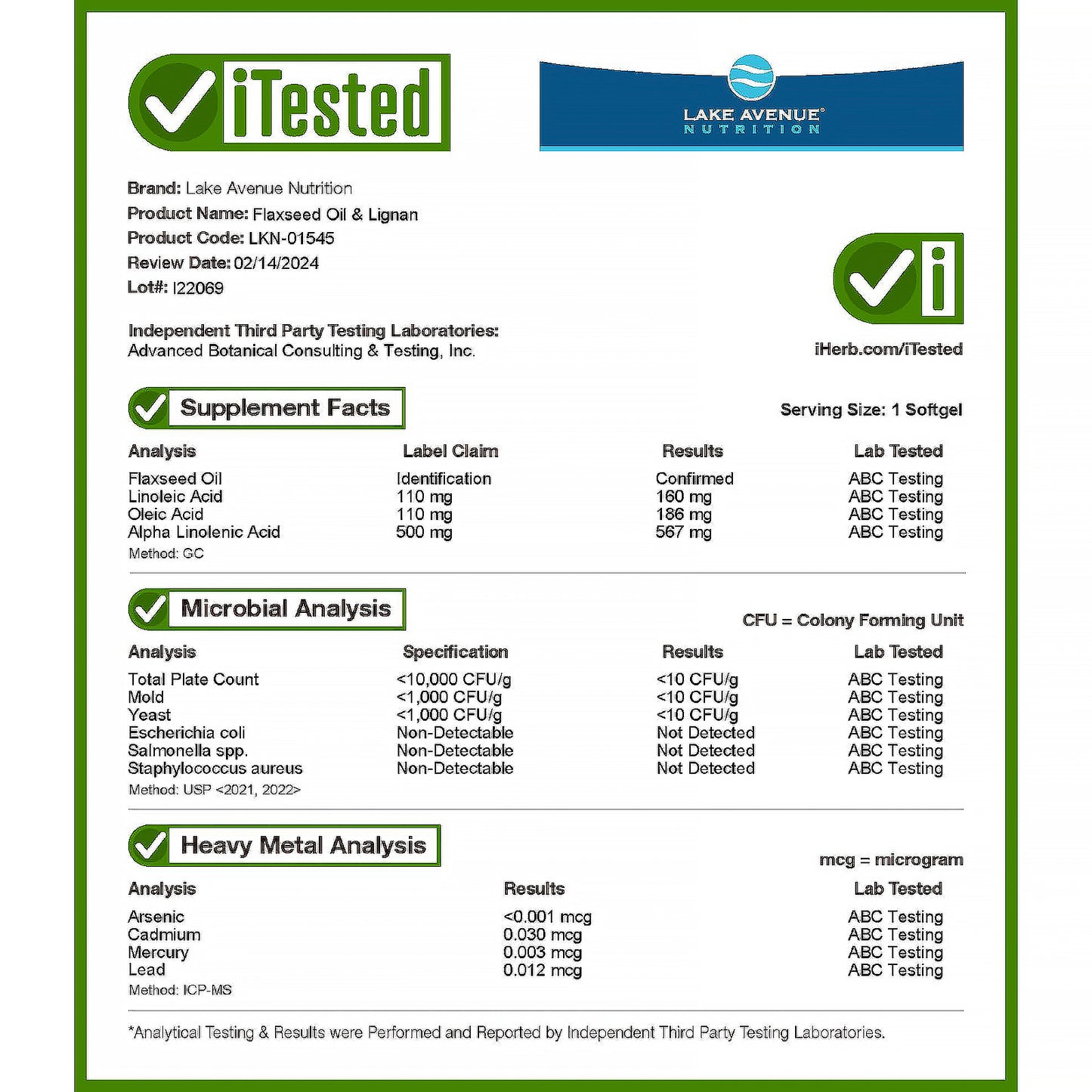 Lake Avenue Nutrition, Cold Pressed Flaxseed Oil with Lignans, 120 Veggie Softgels (1 g per Softgel)